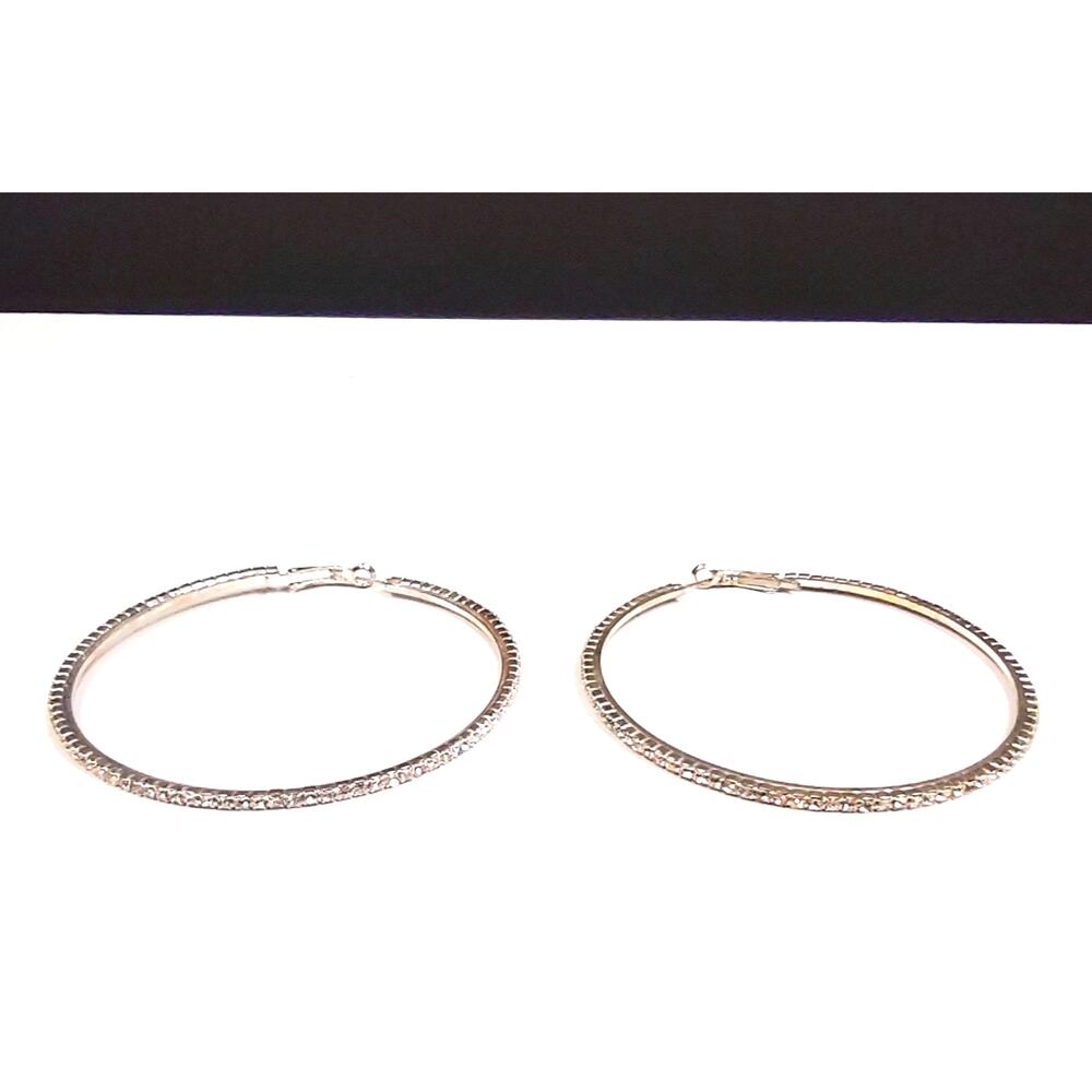 Large Sparkly Rhinestone Silver Tone Hoop Earrings 3" for Pierced Ears Leverback